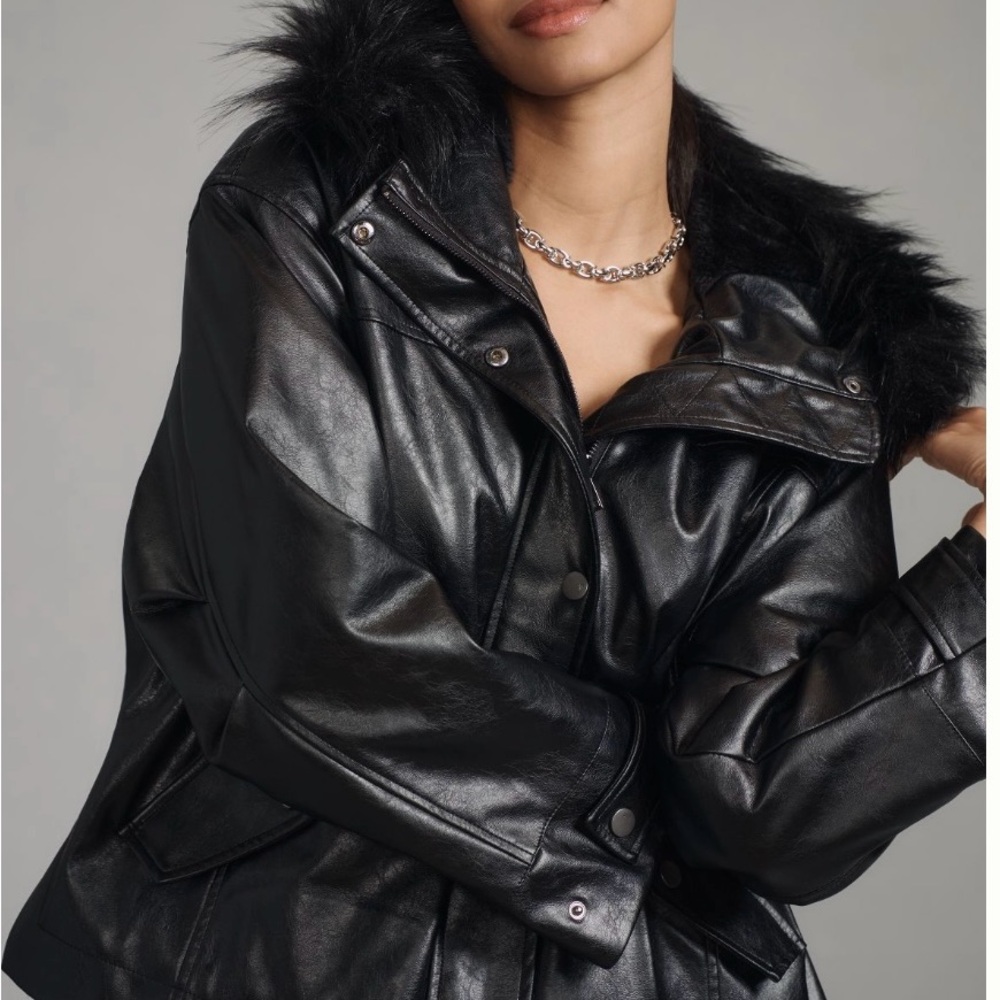 New Pilot Black Faux Fur Trim and faux Leather Jacket, size xl